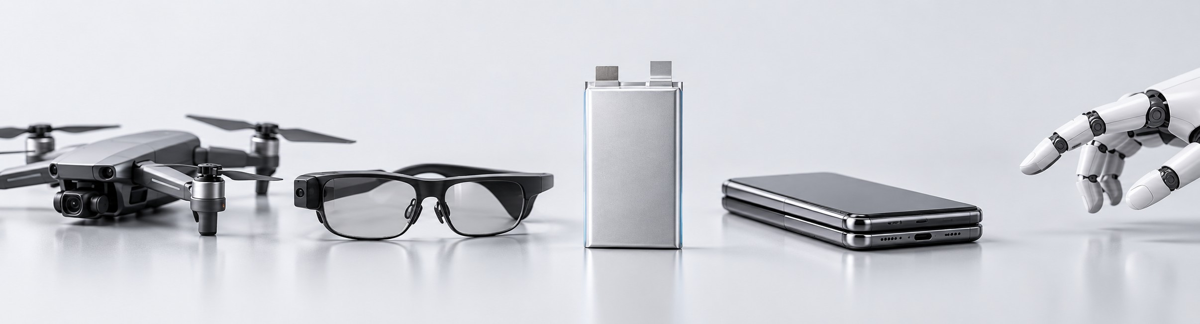 A battery cell surrounded by a drone, smart glasses, a foldable phone and a robot hand